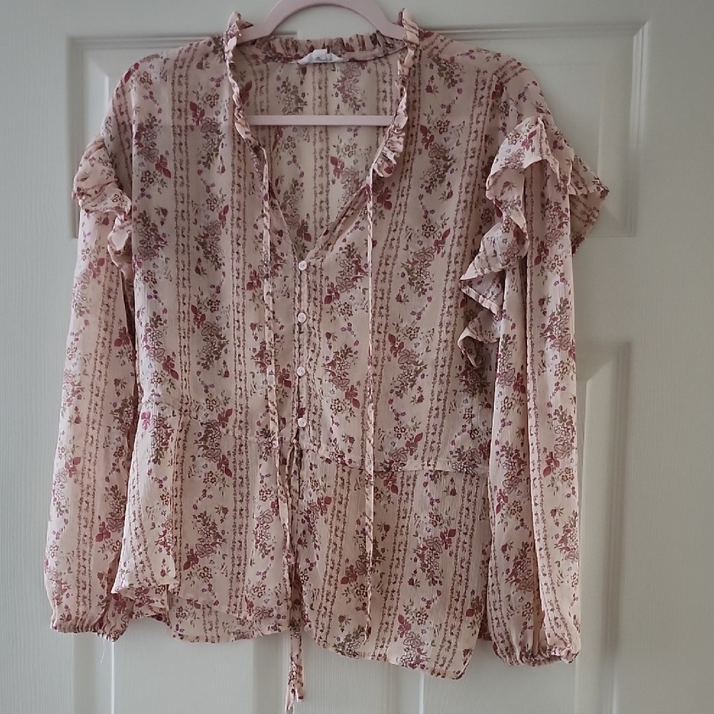 Blu Pepper Floral Ruffle-Trim Button Blouse - Dusty Rose